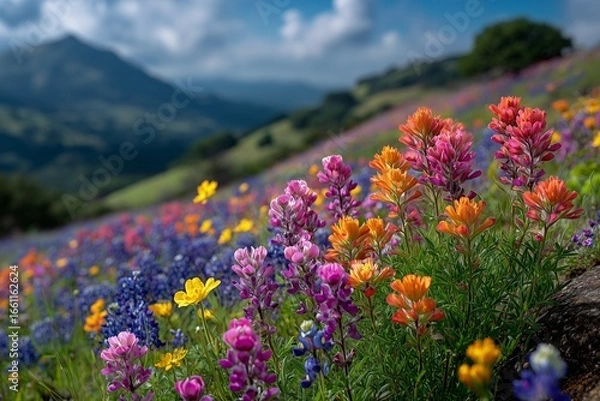 Obraz Vibrant wildflowers blooming on hillside