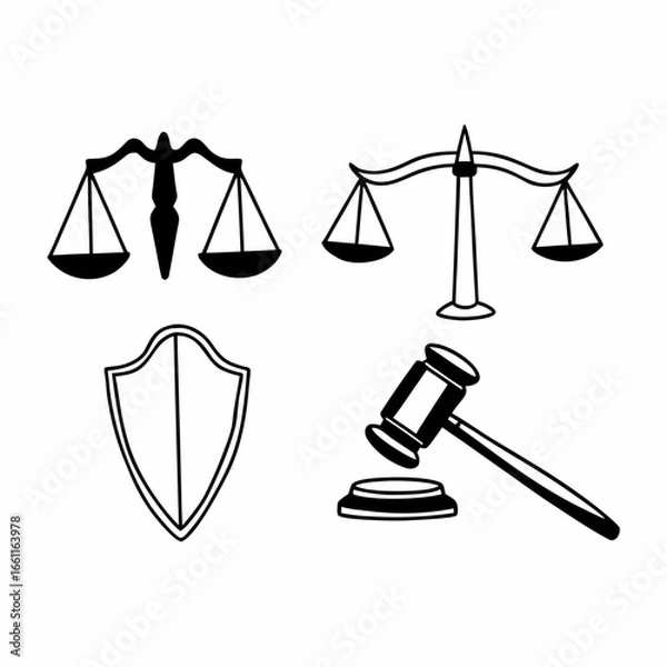 Fototapeta Illustration of justice elements including scale, shield, gavel isolated on white background