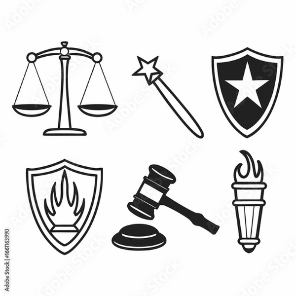 Fototapeta Scales, gavel, shield, star wand and torch isolated on white background