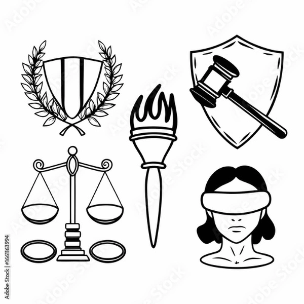 Fototapeta Illustration of justice symbols, including scales, torch, shield, blindfolded figure isolated on white background