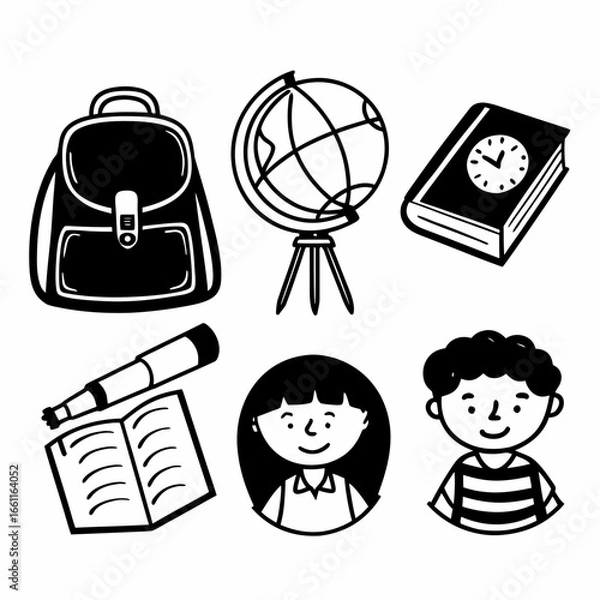 Fototapeta School supplies isolated on white background, including backpack, globe, book, telescope, girl and boy