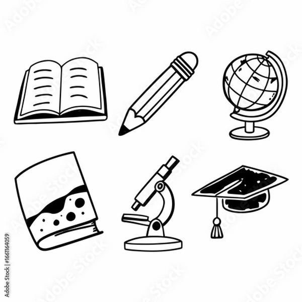 Fototapeta Illustration of education and science icons including book, pencil, globe isolated on white background