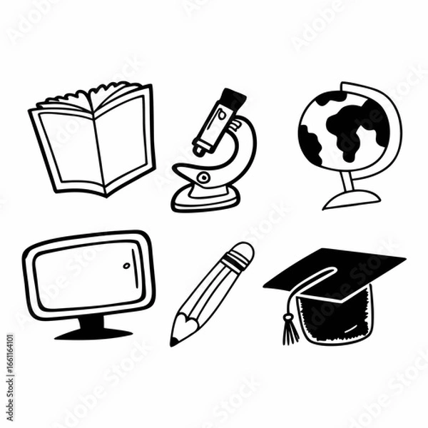 Fototapeta Illustration of education related objects, including book, microscope, globe isolated on white background