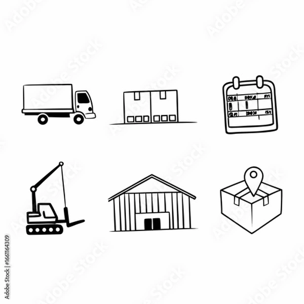 Fototapeta Hand drawn illustration of logistics and transportation icons isolated on white background
