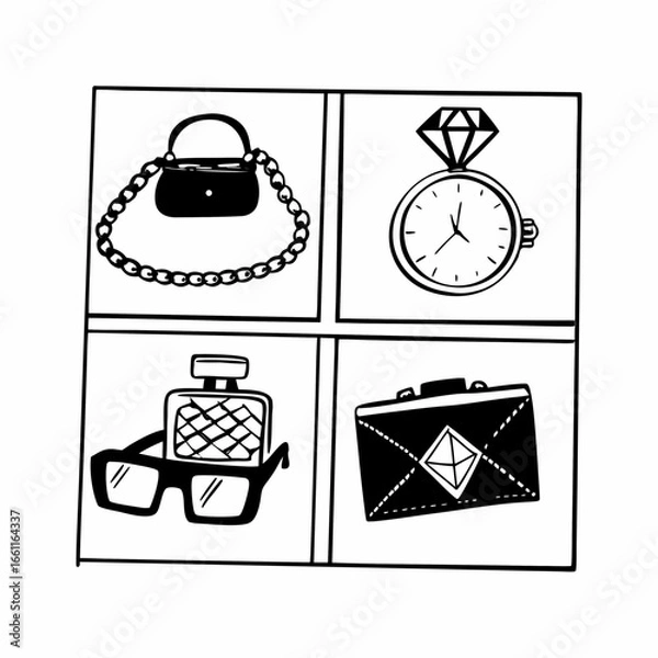 Obraz Illustration of bag, watch, perfume, and glasses isolated on white background