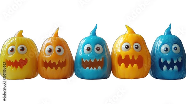 Fototapeta Friendly Colorful Monsters Celebrate Halloween with Playful Expressions and Vibrant Designs