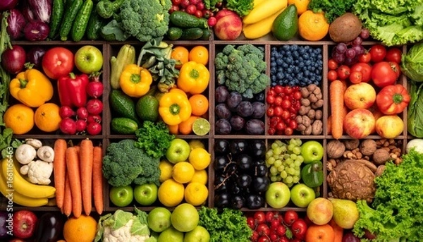 Fototapeta Colorful assortment of fresh fruits and vegetables including peppers, oranges, berries, apples, broccoli, and leafy greens.