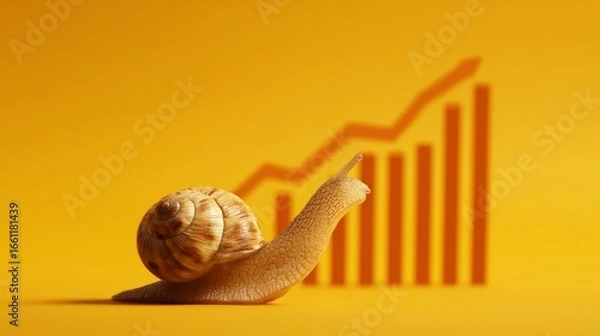 Fototapeta A snail symbolizing slow but steady growth against a bright yellow background.