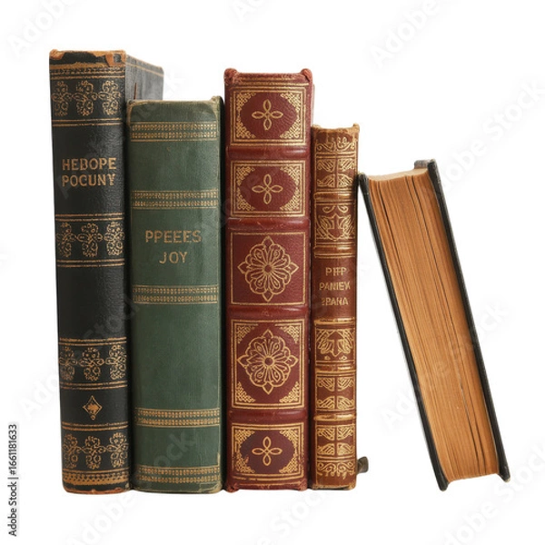 Fototapeta A collection of antique books with worn leather bindings and gold detailing, arranged neatly. background removed