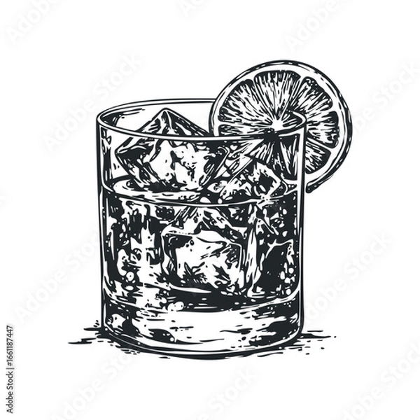 Fototapeta Glass of Ice and Lemon Slice in Black and White Sketch Style