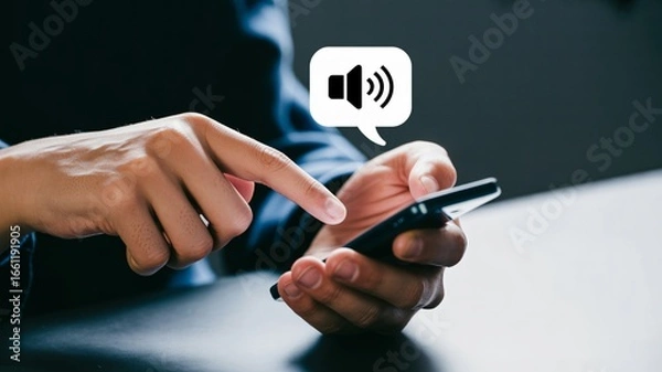 Fototapeta Engaged man interacting with sound notification on smartphone