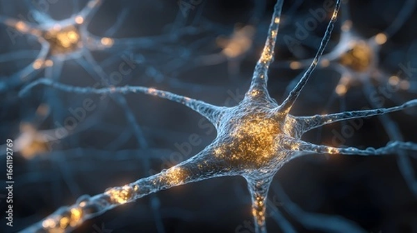 Obraz Golden crystalline neurons glowing in blue brain matter, representing scientific breakthroughs.