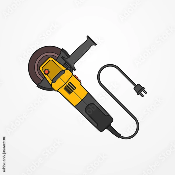 Obraz Typical electric angle grinder with wire, plug and abrasive disc. Modern isolated cutting tool in flat style. Professional power tool vector stock image.