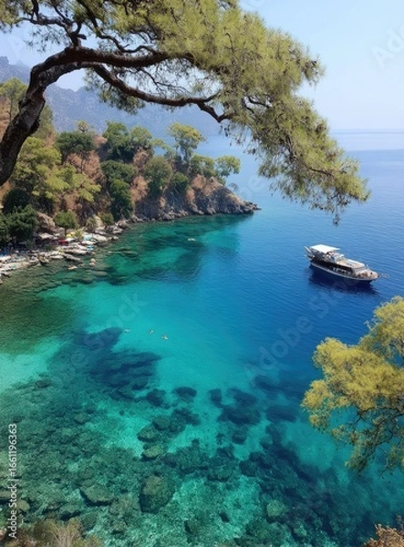 Fototapeta Coastal view of turquoise bay, rocky shore, and boat