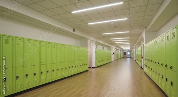 Fototapeta Vibrant and Modern School Hallway with Green Lockers and Efficient Lighting Design