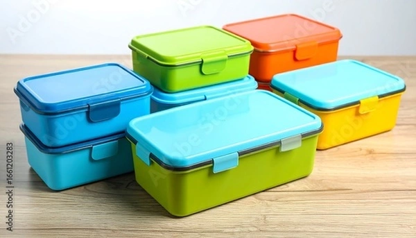 Obraz Multicolored plastic lunchboxes on wooden surface