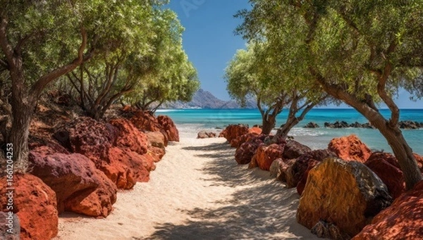 Fototapeta Sandy path leads to a secluded beach, framed by olive trees and red rocks under a vibrant blue sky