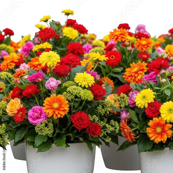 Fototapeta Vibrant assortment of dahlia flowers in pots isolated on transparent background