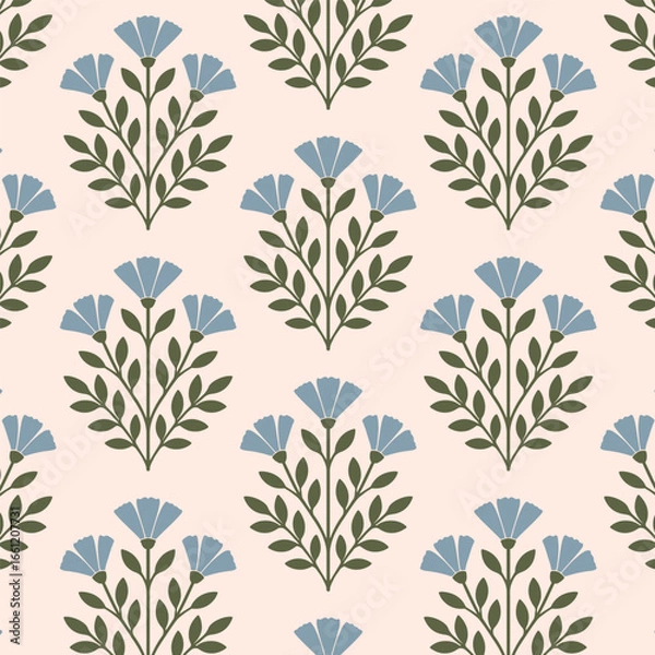 Obraz Vintage floral seamless pattern. Simple folk art design with stylized flowers and leaves. Traditional vector floral background with blue flowers for textile, fabric, and wallpaper.