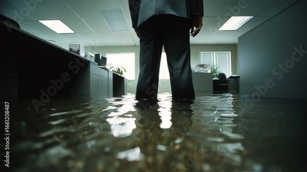 Obraz Flooded office with a businessman standing in water