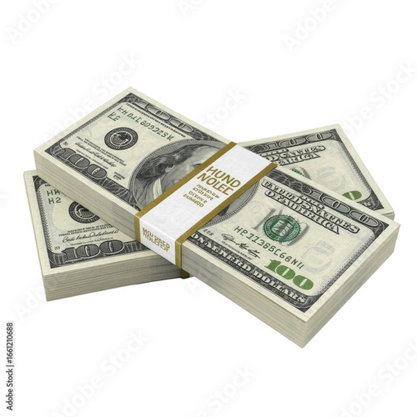 Fototapeta Stacks of hundred-dollar bills, neatly banded, isolated on a transparent background. background removed