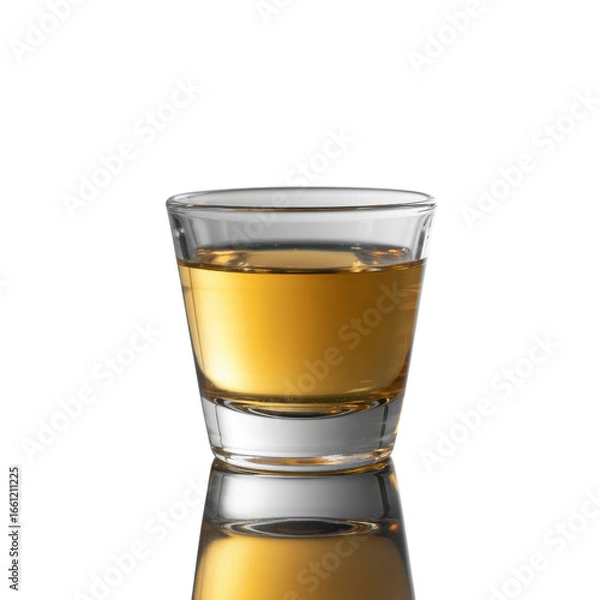 Fototapeta A shot glass filled with golden liquid, isolated on a transparent background, reflecting light. background removed