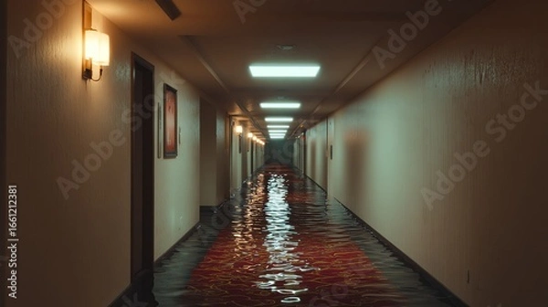 Obraz Flooded hotel corridor with dim lighting
