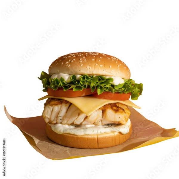 Fototapeta Delicious fish burger with lettuce, tomato, cheese, and sauce on a sesame seed bun. background removed