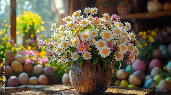 Obraz Easter Themed Rustic Style Table Setting with Flowers in a Springtime Atmosphere Top View