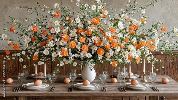 Obraz Easter Themed Rustic Style Table Setting with Flowers in a Springtime Atmosphere Top View