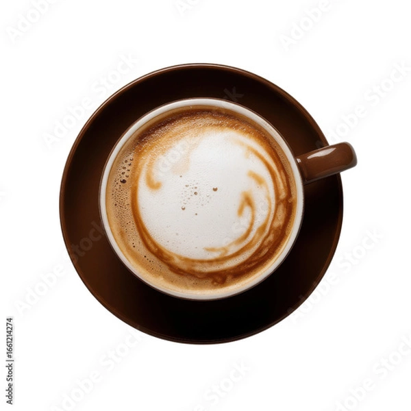 Fototapeta Top view of a brown cup of coffee with latte art on a brown saucer against a transparent background. background removed