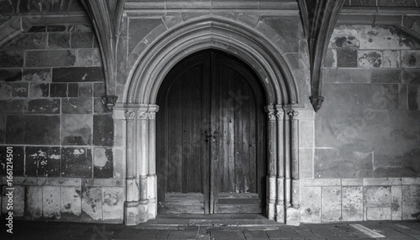 Fototapeta Ancient stone architecture of a gothic church door in a medieval abbey, showing its weathered history and religious importance
