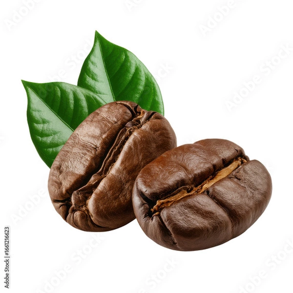 Fototapeta Two roasted coffee beans with green leaves, isolated on transparent background. background removed
