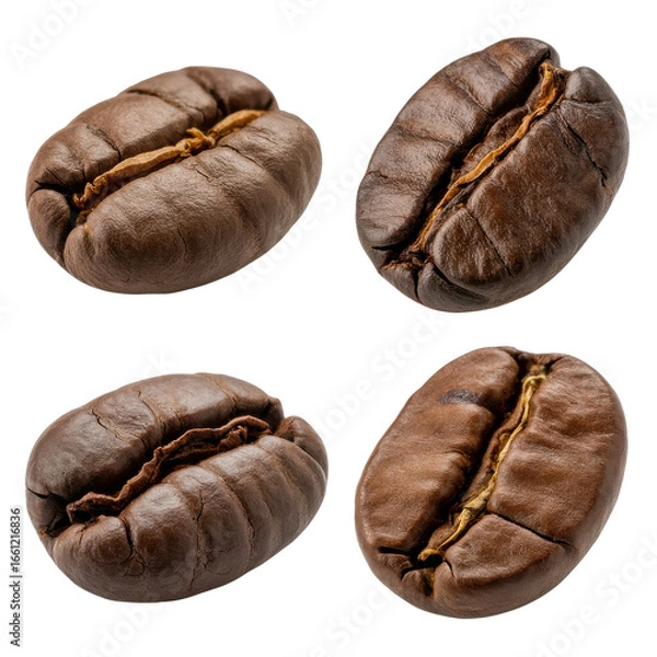 Fototapeta Close-up view of four roasted coffee beans, showcasing their rich brown color and texture. background removed