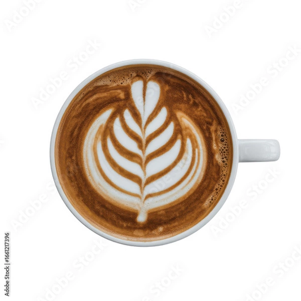 Fototapeta Overhead view of a cup of latte art, featuring a leaf design in frothy milk. background removed