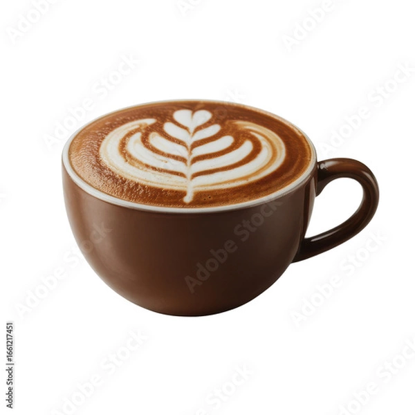 Fototapeta A brown cup of latte art coffee with a leaf design on top, isolated on transparent background. background removed