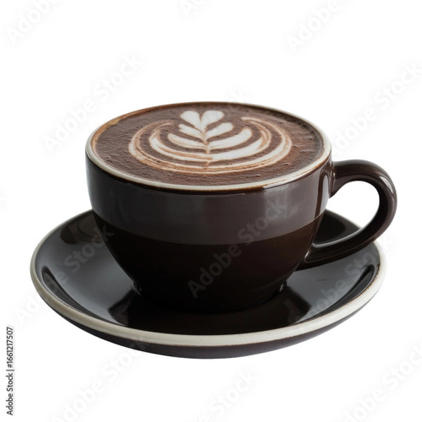 Fototapeta A dark brown cup of coffee with latte art sits on a matching saucer against a transparent background. background removed