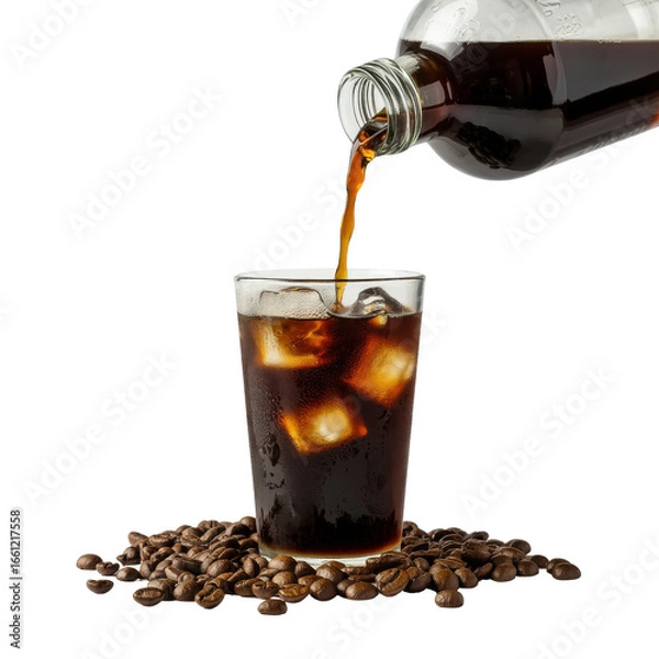 Fototapeta Cold brew coffee being poured into a glass filled with ice cubes, surrounded by coffee beans. background removed