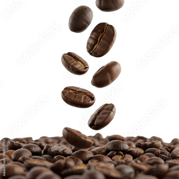 Fototapeta Roasted coffee beans falling onto a pile of other beans, isolated on a transparent background. background removed