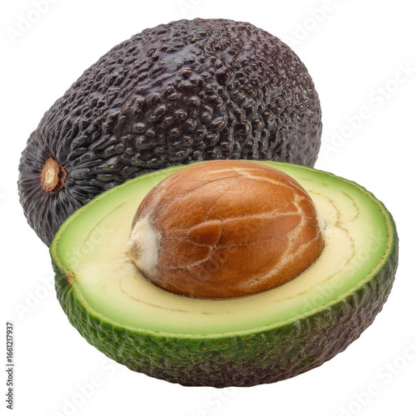 Fototapeta A whole avocado and a half avocado with a large seed, isolated on a transparent background. background removed