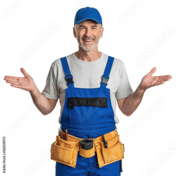 Fototapeta Happy handyman in blue overalls with tool belt, palms open, ready to help. background removed