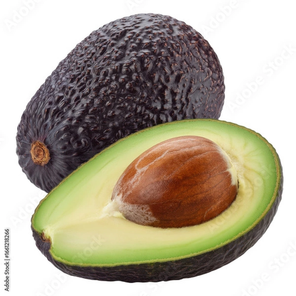 Fototapeta A whole and a halved dark-skinned avocado with a visible pit, isolated on a transparent background. background removed