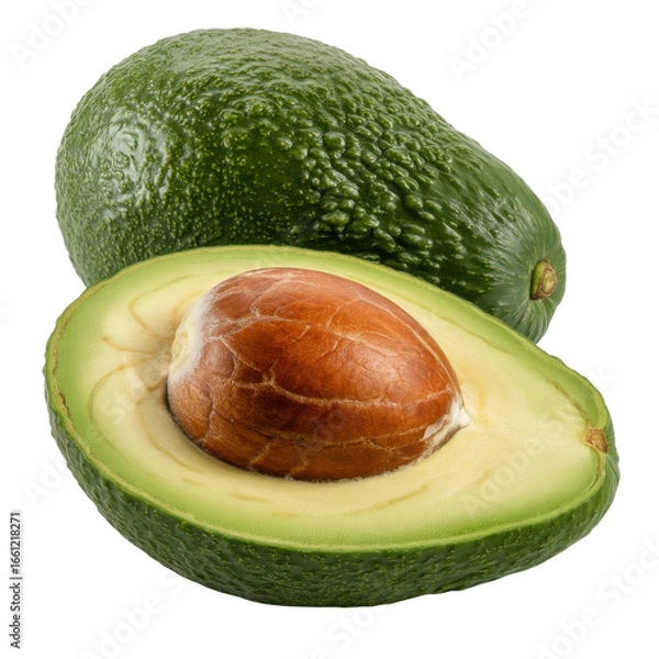 Fototapeta A whole and halved avocado with a visible pit, isolated on a transparent background. background removed