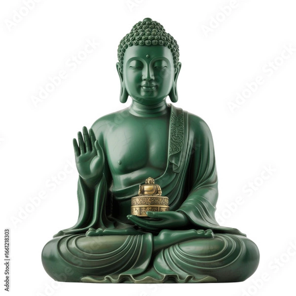 Fototapeta A serene green Buddha statue in a meditative pose, holding a smaller golden Buddha. background removed
