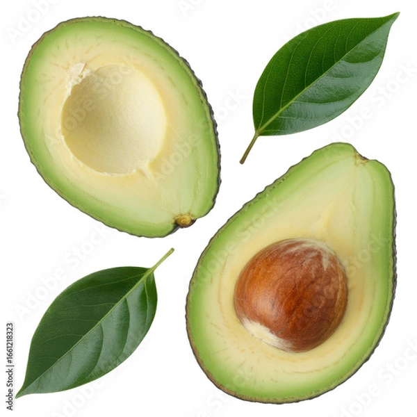 Fototapeta Two avocado halves with pits and leaves, isolated on a transparent background. background removed