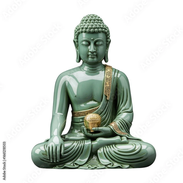 Fototapeta Serene green Buddha statue in meditative pose, holding a golden alms bowl, isolated on transparent background. background removed