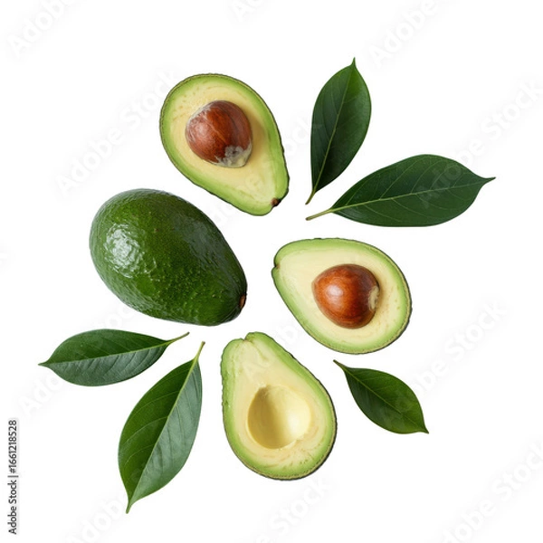 Fototapeta A whole avocado and three halves, surrounded by lush green leaves, against a transparent background. background removed