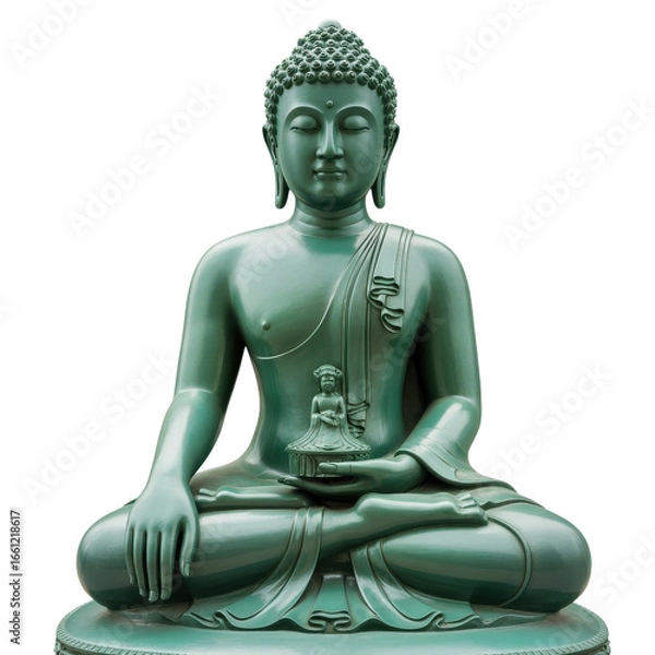 Fototapeta Serene green Buddha statue in meditation pose, holding a miniature Buddha. background removed
