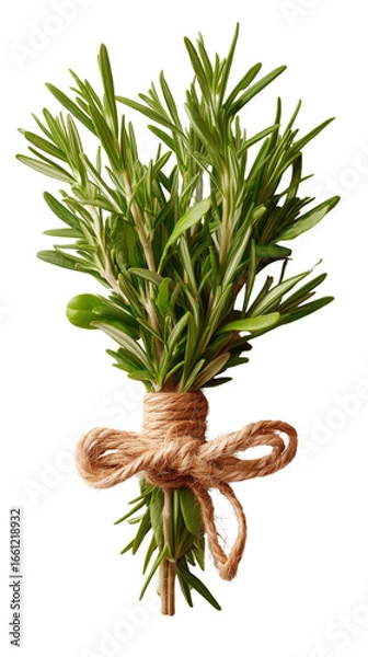 Fototapeta Fresh rosemary sprig isolated on transparent background with jute string, perfect for rosemary herb stock images and rosemary sprig closeups. PNG die-cut for advertising.