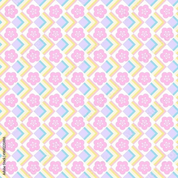 Fototapeta A delightful and charming seamless pattern featuring a whimsical mix of geometric chevrons and sweet pink blossoms.